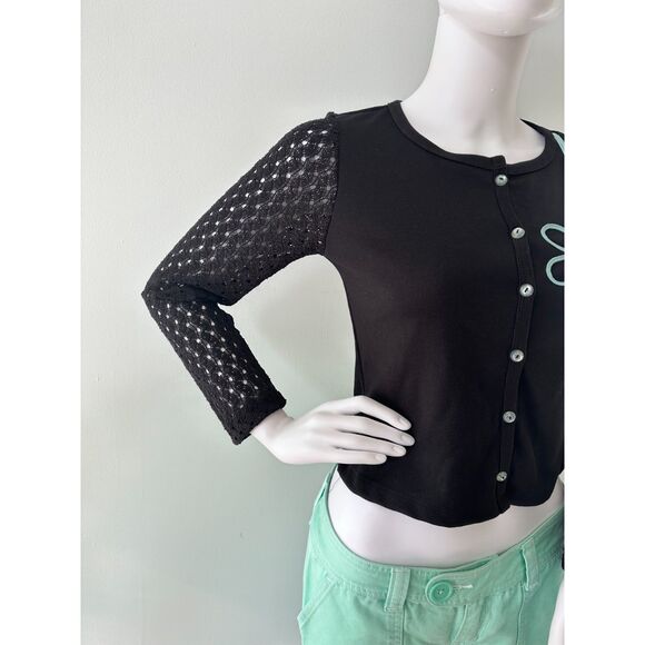 Y2K Black Cardigan Top with Sheer Crochet Sleeves & Mint Floral Appliqué size S - Picture 4 of 6